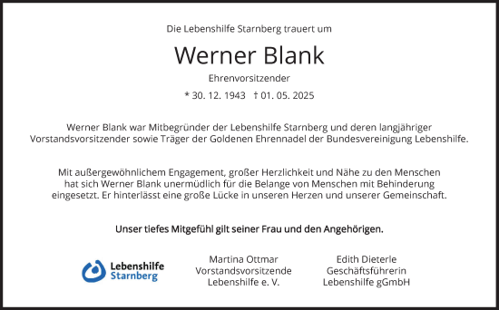 Traueranzeige von Werner Blank von Süddeutsche Zeitung