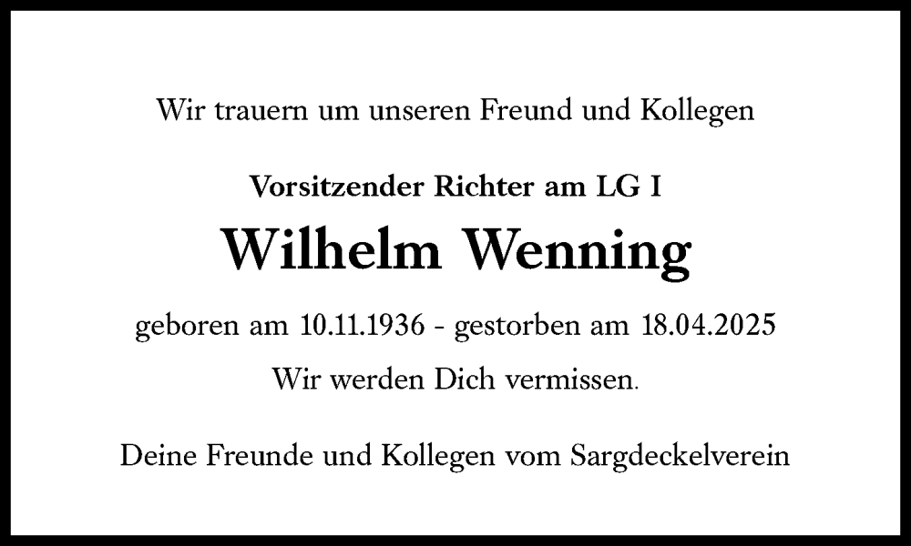  Traueranzeige für Wilhelm Wenning vom 02.05.2025 aus Süddeutsche Zeitung