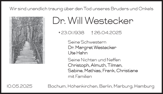Traueranzeige von Will Westecker von Süddeutsche Zeitung