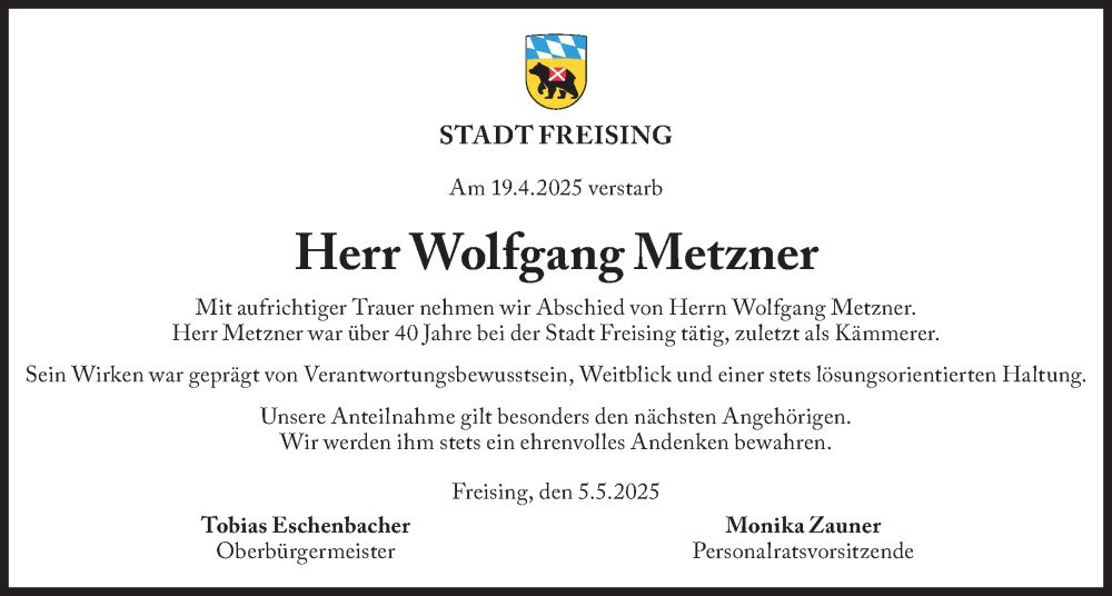  Traueranzeige für Wolfgang Metzner vom 09.05.2025 aus Süddeutsche Zeitung