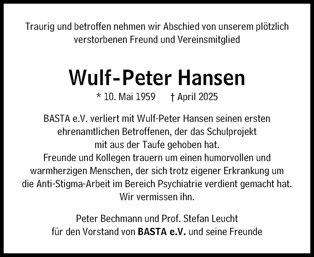  Traueranzeige für Wulf-Peter Hansen vom 10.05.2025 aus Süddeutsche Zeitung