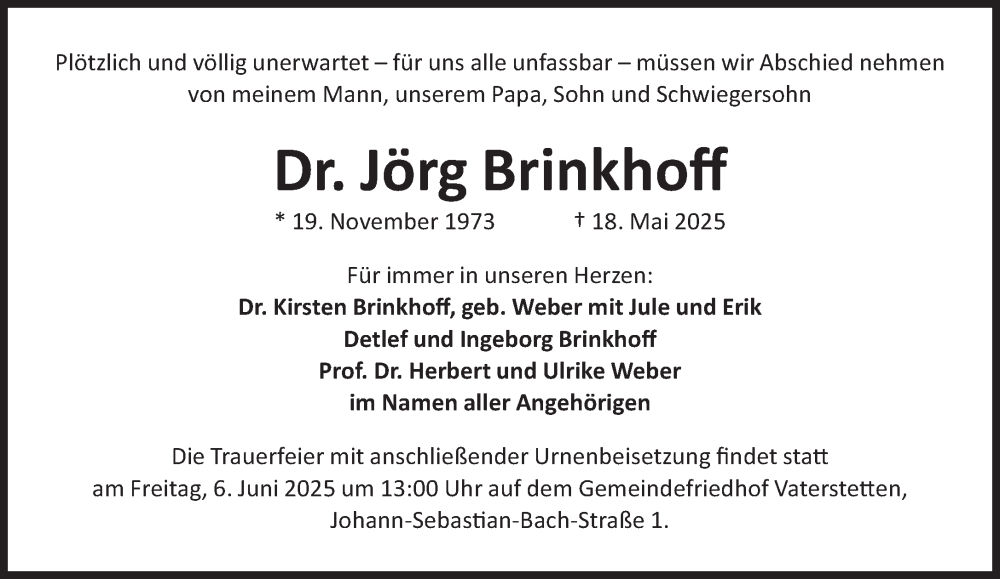  Traueranzeige für Jörg Brinkhoff vom 03.06.2025 aus 