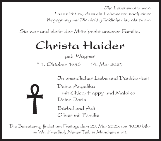 Traueranzeige von Christa Haider von Süddeutsche Zeitung