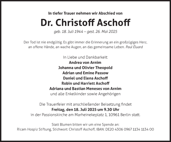 Traueranzeige von Christoff Aschoff von Süddeutsche Zeitung