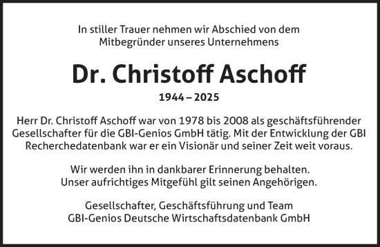 Traueranzeige von Christoff Aschoff von Süddeutsche Zeitung