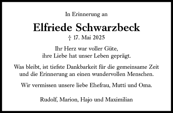 Traueranzeige von Elfriede Schwarzbeck von Süddeutsche Zeitung
