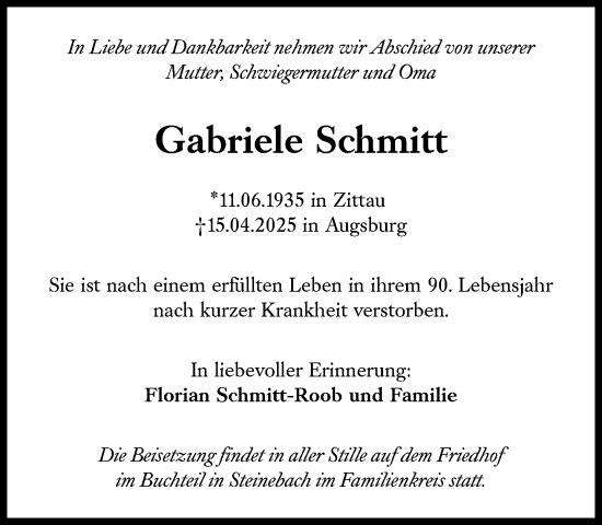 Traueranzeige von Gabriele Schmitt von Süddeutsche Zeitung