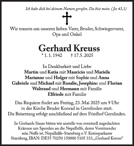 Traueranzeige von Gerhard Kreuss von Süddeutsche Zeitung