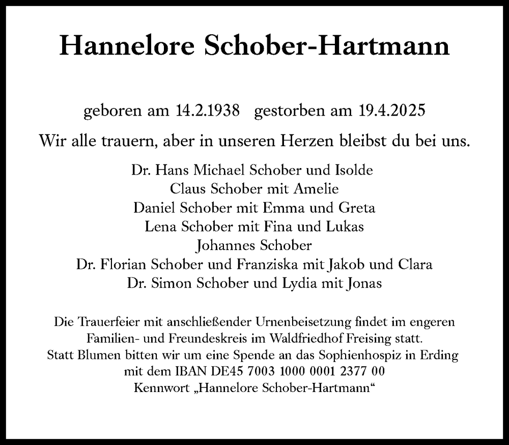  Traueranzeige für Hannelore Schober-Hartmann vom 02.06.2025 aus Süddeutsche Zeitung