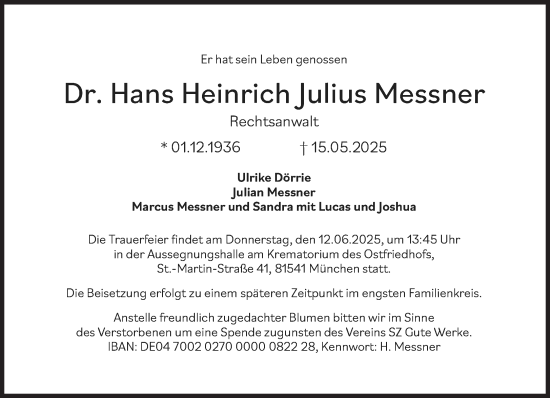 Traueranzeige von Hans Heinrich Julius Messner von Süddeutsche Zeitung