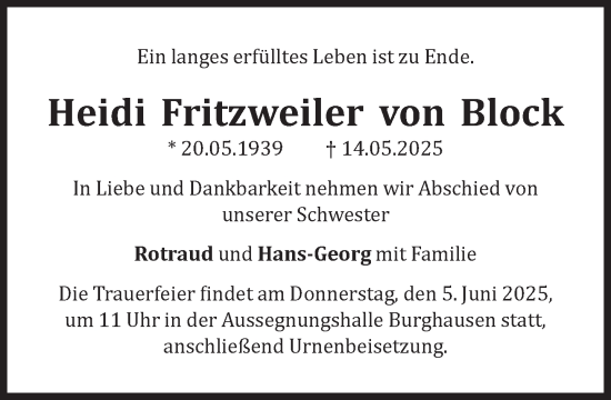 Traueranzeige von Heidi Fritzweiler von Block von Süddeutsche Zeitung