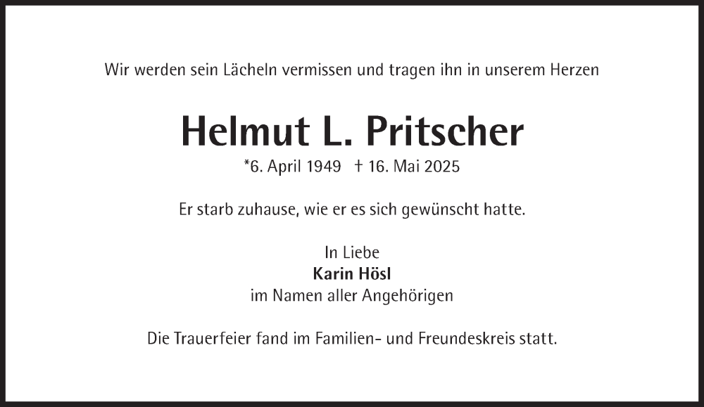  Traueranzeige für Helmut Pritscher vom 24.05.2025 aus Süddeutsche Zeitung