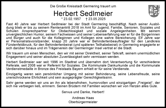 Traueranzeige von Herbert Sedlmeier von Süddeutsche Zeitung