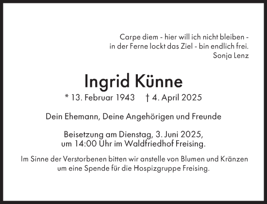 Traueranzeige von Ingrid Künne von Süddeutsche Zeitung