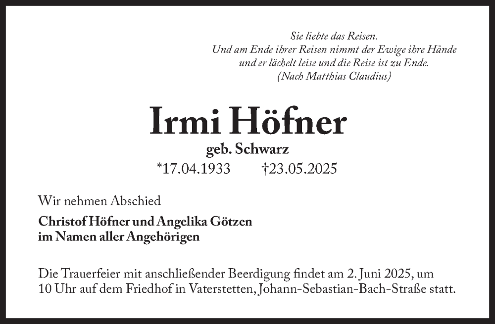  Traueranzeige für Irmi Höfner vom 30.05.2025 aus Süddeutsche Zeitung