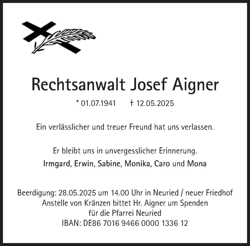  Traueranzeige für Josef Aigner vom 24.05.2025 aus Süddeutsche Zeitung