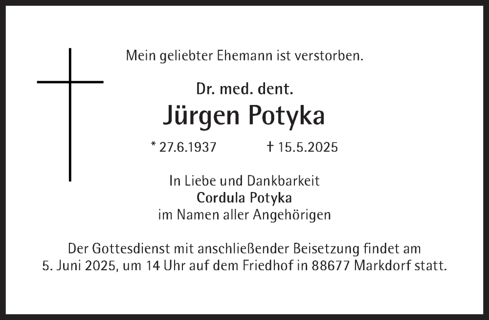  Traueranzeige für Jürgen Potyka vom 31.05.2025 aus Süddeutsche Zeitung