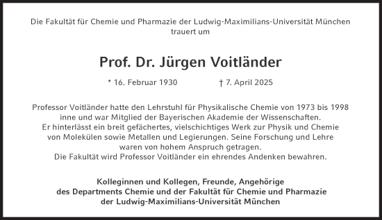 Traueranzeige von Jürgen Voitländer von Süddeutsche Zeitung