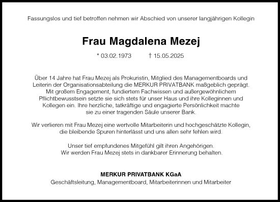 Traueranzeige von Magdalena Mezej von Süddeutsche Zeitung