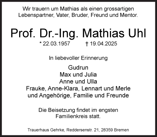 Traueranzeige von Mathias Uhl von Süddeutsche Zeitung