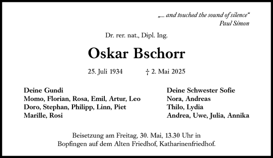 Traueranzeige von Oskar Bschorr von Süddeutsche Zeitung