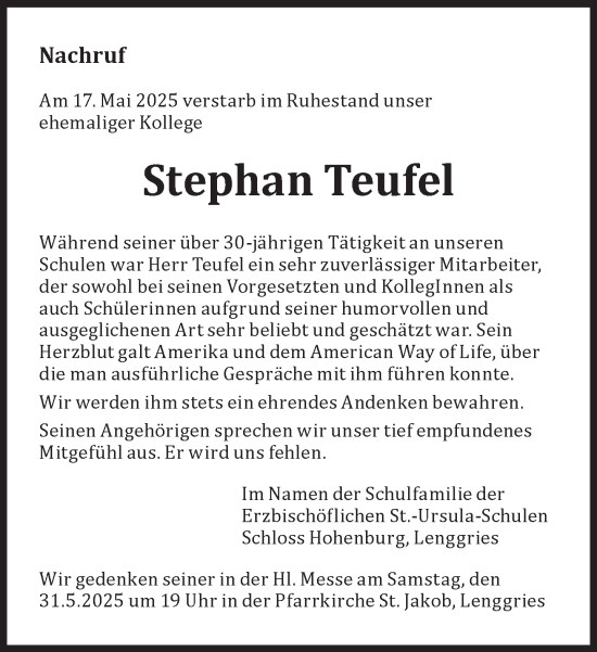 Traueranzeige von Stephan Teufel von Süddeutsche Zeitung