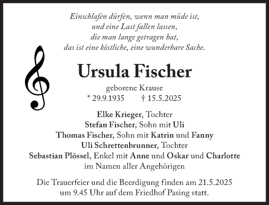 Traueranzeige von Ursula Fischer von Süddeutsche Zeitung