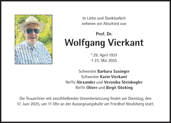 Traueranzeige von Wolfgang Vierkant von Süddeutsche Zeitung