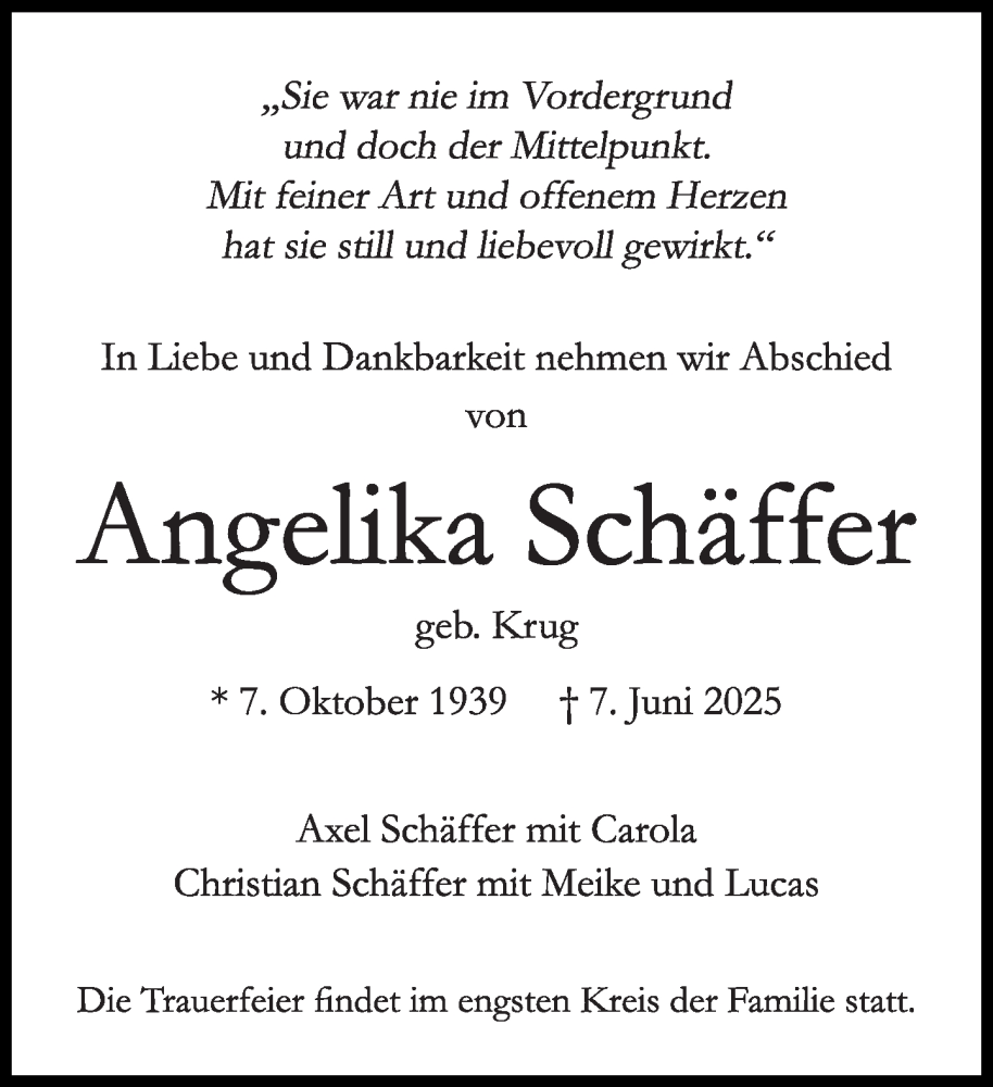  Traueranzeige für Angelika Schäffer vom 14.06.2025 aus Süddeutsche Zeitung