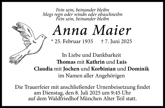 Traueranzeige von Anna Maier von Süddeutsche Zeitung