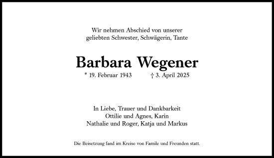 Traueranzeige von Barbara Wegener von Süddeutsche Zeitung