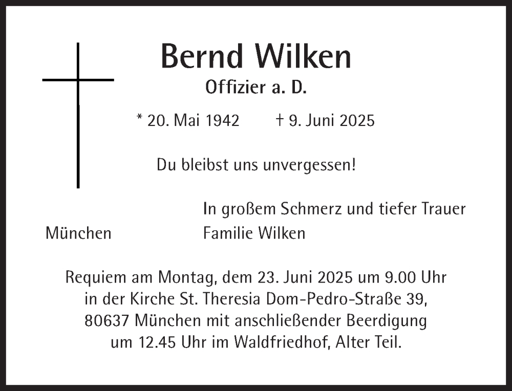  Traueranzeige für Bernd Wilken vom 14.06.2025 aus Süddeutsche Zeitung