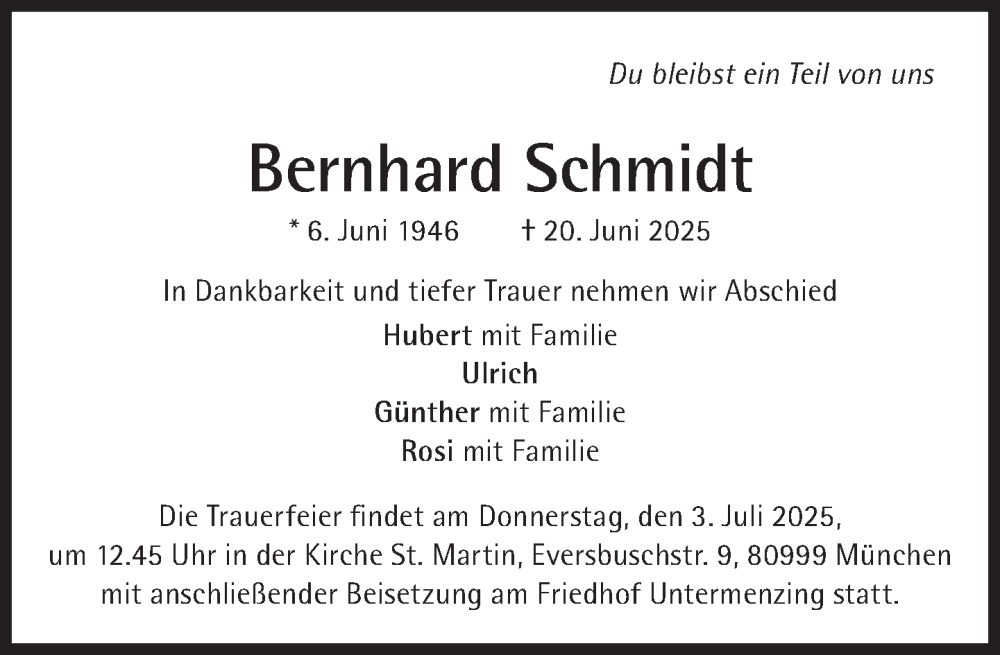  Traueranzeige für Bernhard Schmidt vom 28.06.2025 aus Süddeutsche Zeitung