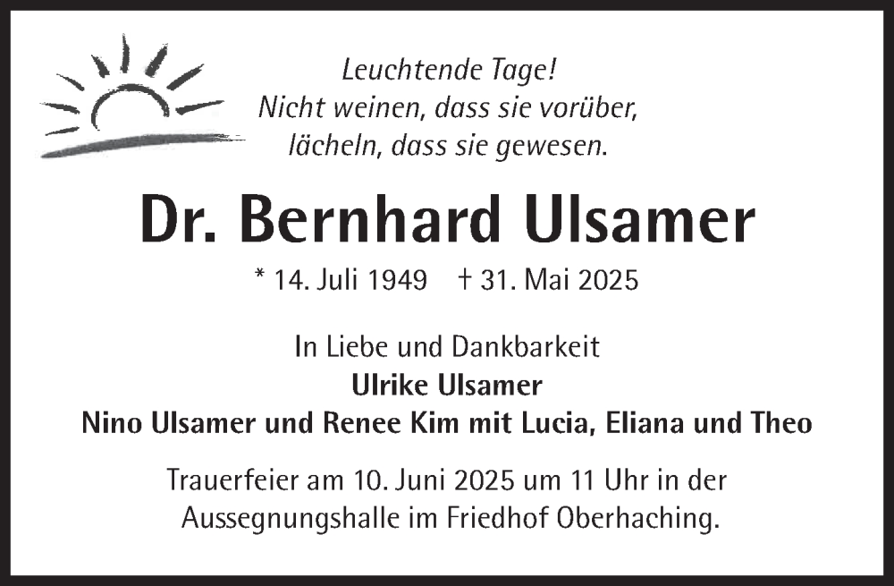  Traueranzeige für Bernhard Ulsamer vom 07.06.2025 aus Süddeutsche Zeitung