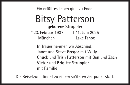 Traueranzeige von Bitsy Patterson von Süddeutsche Zeitung