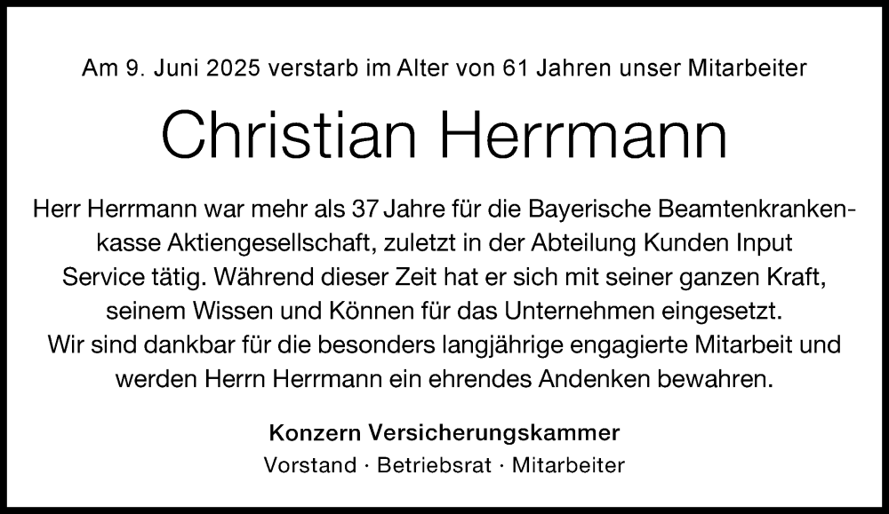  Traueranzeige für Christian Herrmann vom 21.06.2025 aus Süddeutsche Zeitung