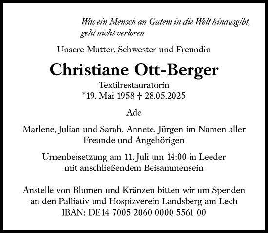 Traueranzeige von Christiane Ott-Berger von Süddeutsche Zeitung