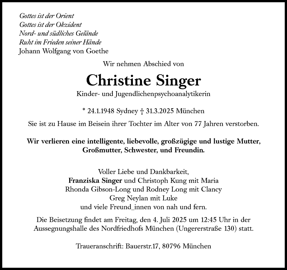  Traueranzeige für Christine Singer vom 07.06.2025 aus Süddeutsche Zeitung