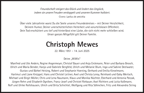 Traueranzeige von Christoph Mewes von Süddeutsche Zeitung