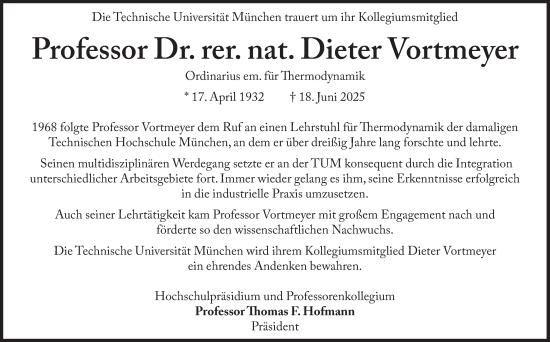 Traueranzeige von Dieter Vortmeyer von Süddeutsche Zeitung