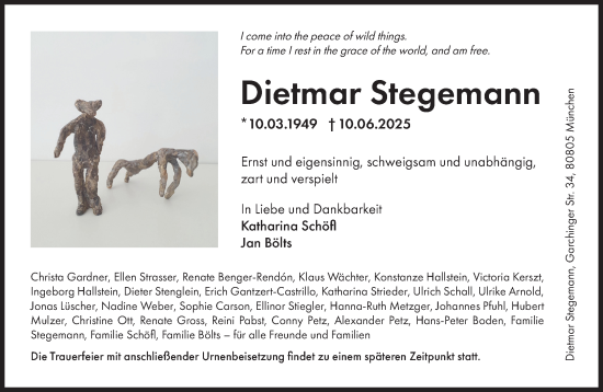 Traueranzeige von Dietmar Stegemann von Süddeutsche Zeitung