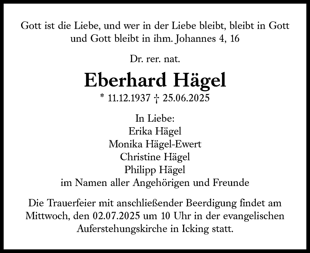  Traueranzeige für Eberhard Hägel vom 28.06.2025 aus Süddeutsche Zeitung