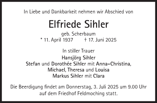 Traueranzeige von Elfriede Sihler von Süddeutsche Zeitung