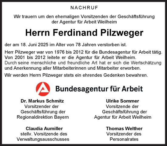 Traueranzeige von Ferdinand Pilzweger von Süddeutsche Zeitung