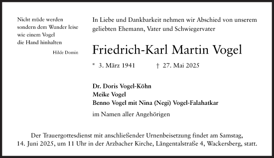 Traueranzeige von Friedrich-Karl Martin Vogel von Süddeutsche Zeitung