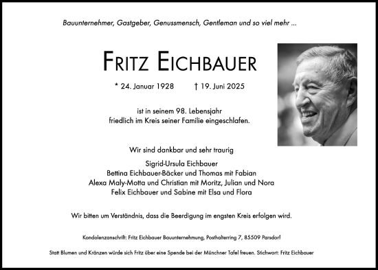 Traueranzeige von Fritz Eichbauer von Süddeutsche Zeitung