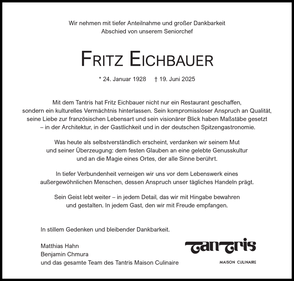  Traueranzeige für Fritz Eichbauer vom 28.06.2025 aus Süddeutsche Zeitung