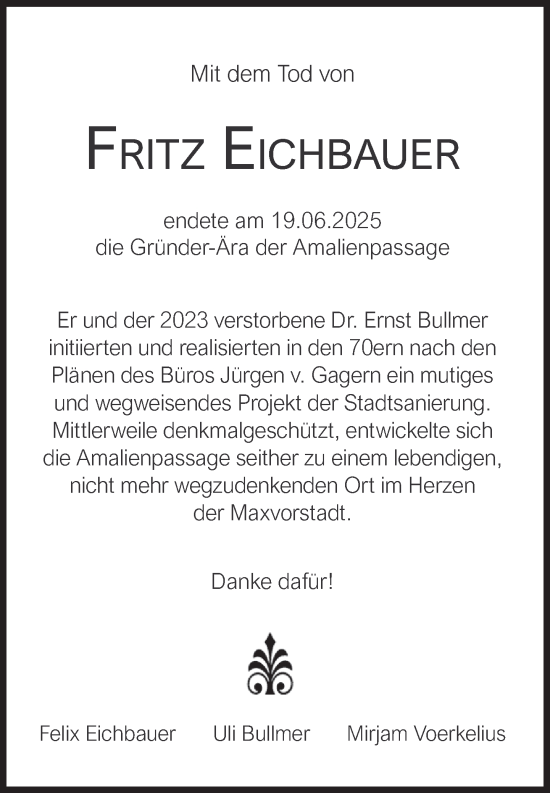 Traueranzeige von Fritz Eichbauer von Süddeutsche Zeitung