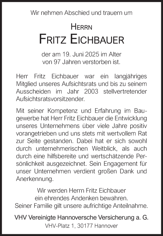 Traueranzeige von Fritz Eichbauer von Süddeutsche Zeitung