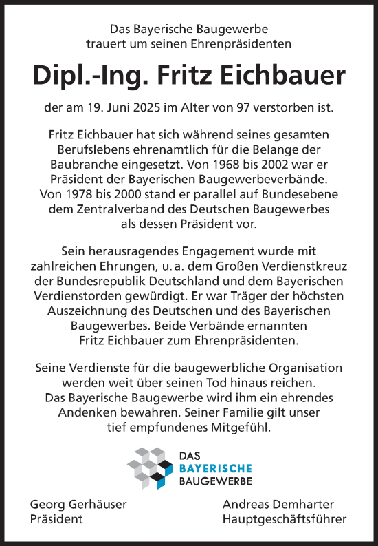 Traueranzeige von Fritz Eichbauer von Süddeutsche Zeitung